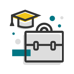 Illustrative icon of a briefcase with a graduation hat